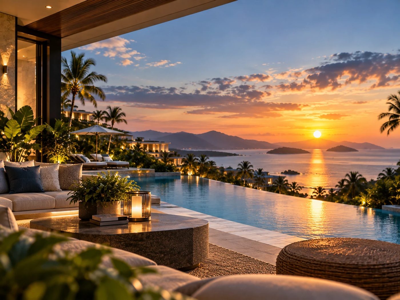 An evening view from a resort terrace: lounge seating and a lantern in the foreground, an infinity pool beyond, and the sun setting over the sea.