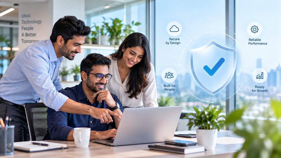 Three colleagues reviewing work on a laptop, with an illustrated shield and labels for secure design, reliable performance, people and growth drawn beside them.