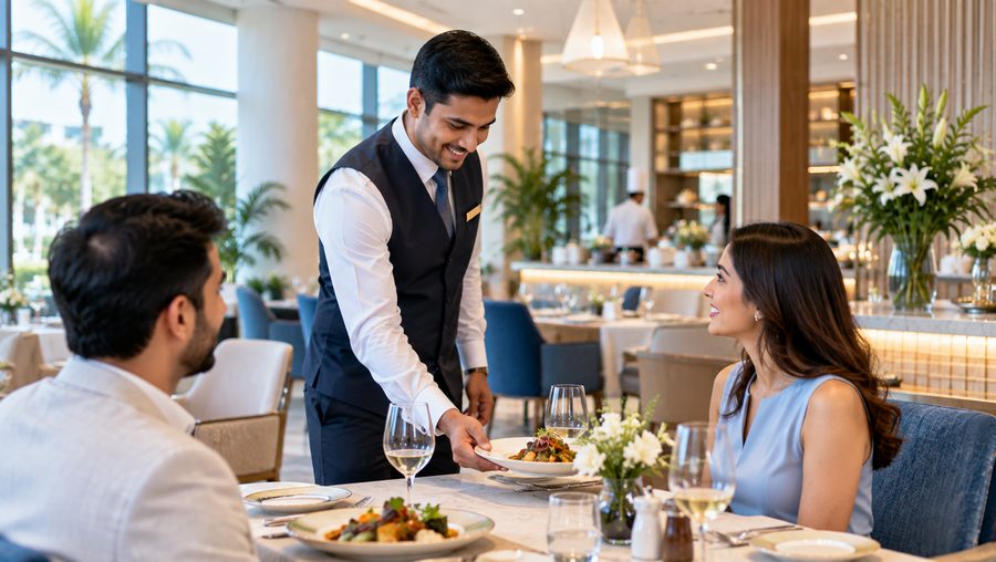 A waiter serving two diners at a restaurant table in a bright dining room.